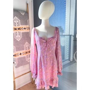Likely Lyssa Pink Floral Long Puff Sleeves Mini Dress Women’s 8